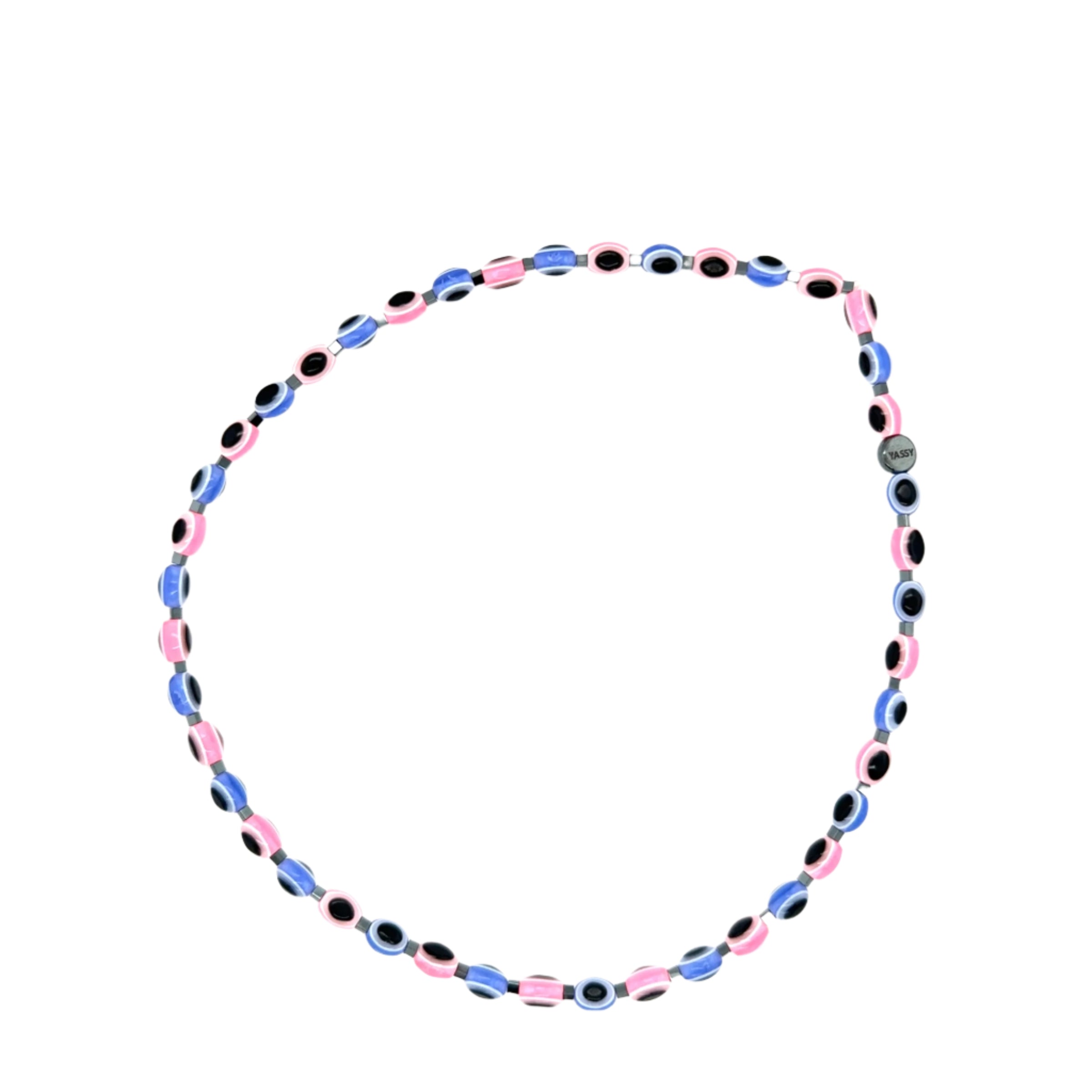 Necklace with multicolored beads on a white background